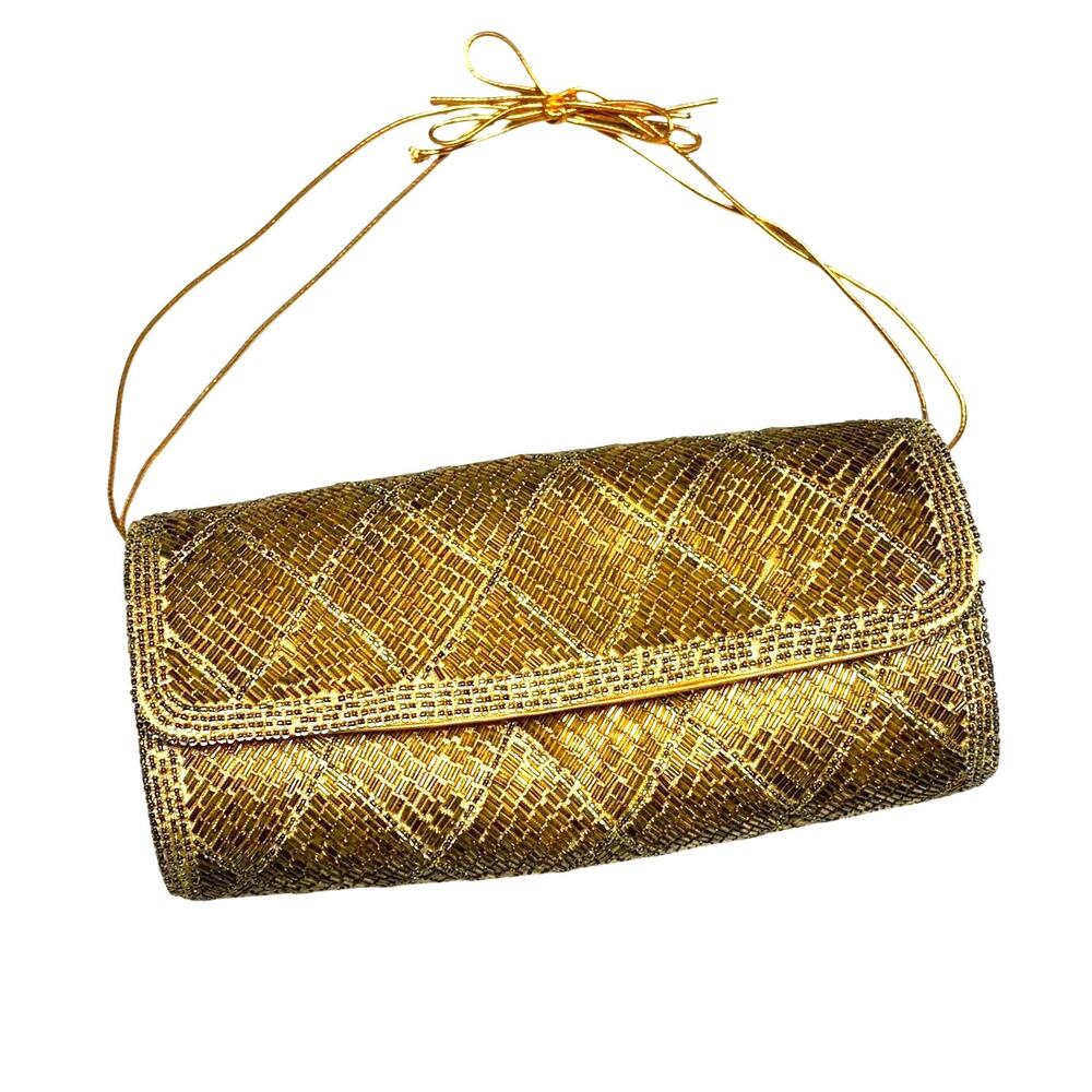 Gold Metallic Beaded Clutch Vintage Evening Bag